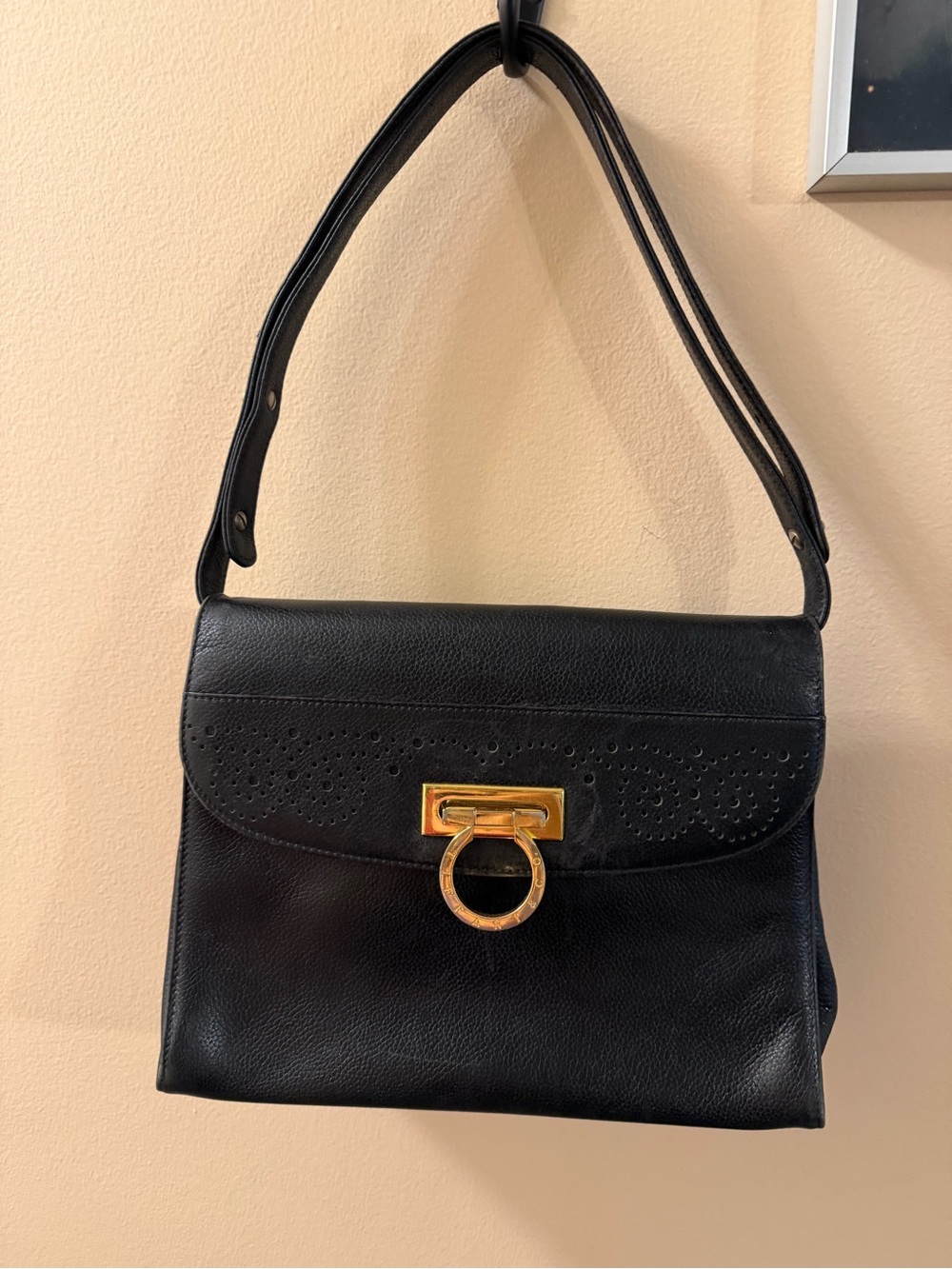 Vintage Tiffany Black Leather Shoulder Bag with Gold Ring Accent with Mirror COA
